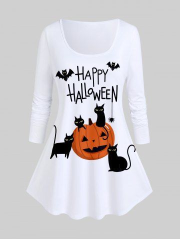 T-shirt D'Halloween à Imprimé Chat Citrouille et Chauve-souris à Manches Longues - WHITE - 4X | US 26-28