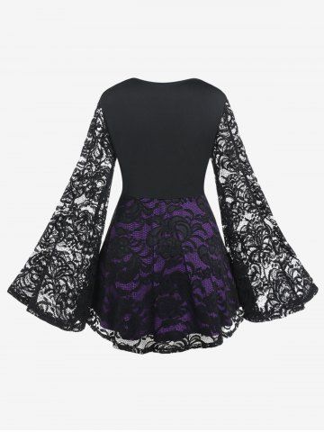 Witch Halloween Costume Lace Flare Sleeves Lace-up Two Tone T-shirt