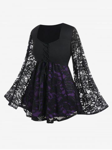 Witch Halloween Costume Lace Flare Sleeves Lace-up Two Tone T-shirt