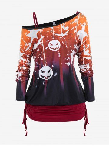 Halloween Skew Neck Pumpkin Print Tee and Cinched Tank Top Set - RED - M | US 10