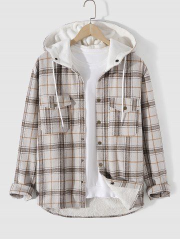 Plaid Double Pockets Design Fluffy Fleece-lined Hooded Jacket - MULTI-A - 2XL