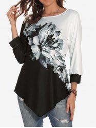 Plus Size Asymmetric Floral Print Colorblock T-shirt -  