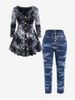 Plus Size Mock Buttons Ruched Tie Dye Tee and Frayed Jeans -  