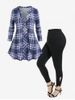 V Notch Plaid Tee and High Waist Cutout Twist Leggings Plus Size Outfit -  