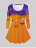 T-shirt D'Halloween à Imprimé Citrouille et Chauve-souris à Manches Longues - Orange 