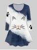 Plus Size Cat Printed Colorblock Long Sleeves T-shirt -  