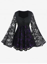 Witch Halloween Costume Lace Flare Sleeves Lace-up Two Tone T-shirt -  