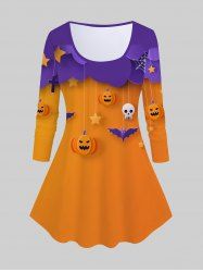 T-shirt D'Halloween à Imprimé Citrouille et Chauve-souris à Manches Longues - Orange 4X | US 26-28