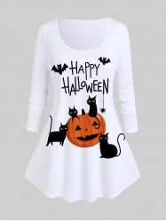 T-shirt D'Halloween à Imprimé Chat Citrouille et Chauve-souris à Manches Longues - Blanc 4X | US 26-28