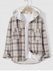 Plaid Double Pockets Design Fluffy Fleece-lined Hooded Jacket -  