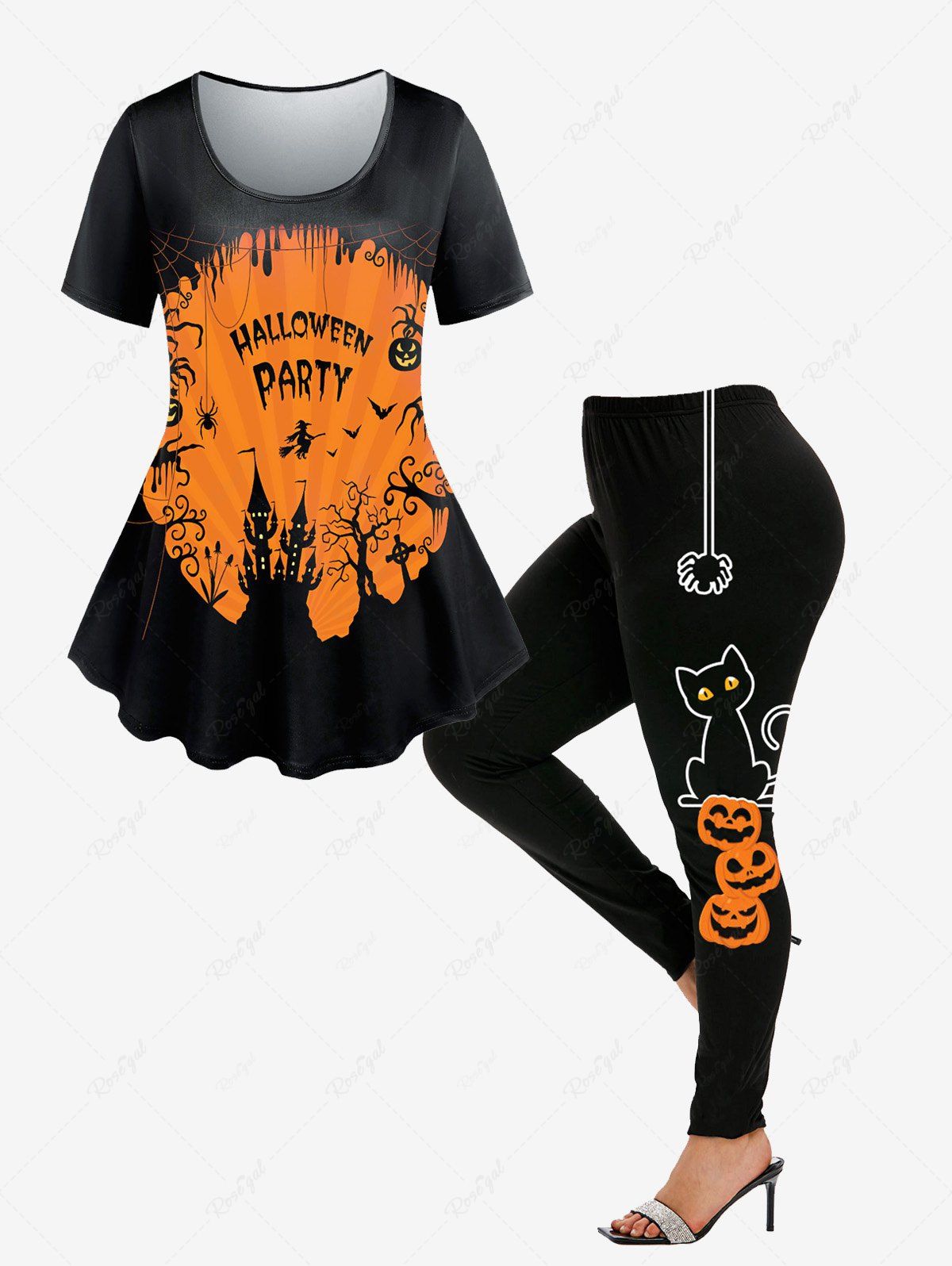 Ensemble de Legging et T-shirt D'Halloween à Imprimé Citrouille et Chat Grande Taille Noir 