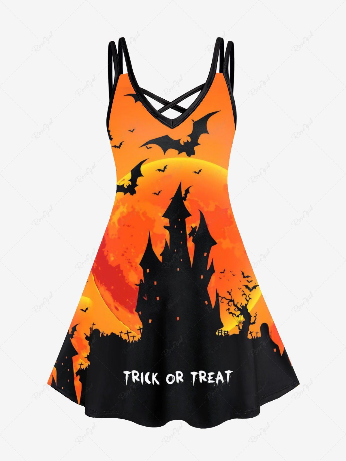 Sale Halloween Bat Moon Castle Print Crisscross A Line Dress  