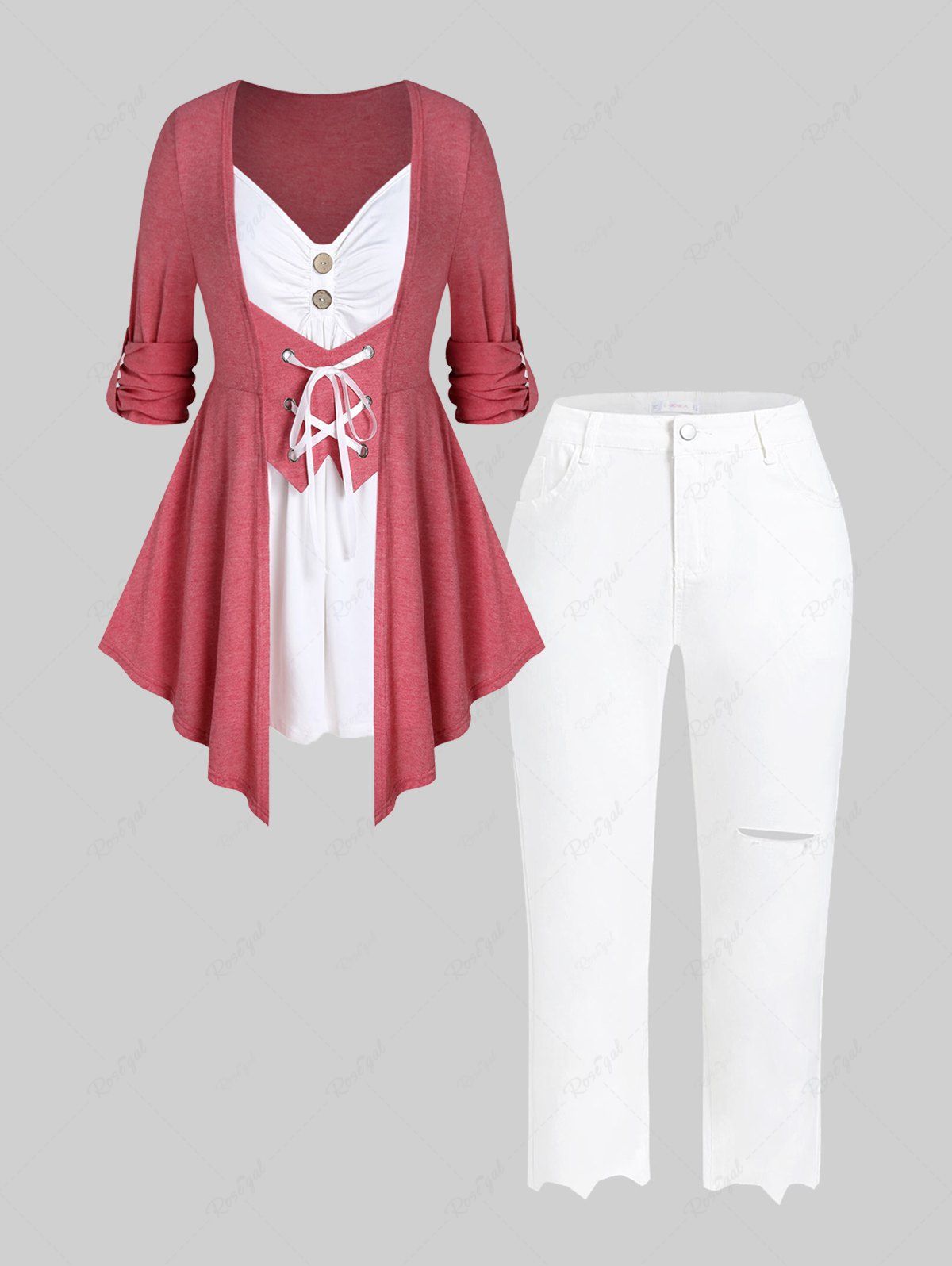 Trendy Plus Size Roll Up Sleeve Lace Up 2 in 1 Asymmetric Tee and Ripped Jeans Outfit  