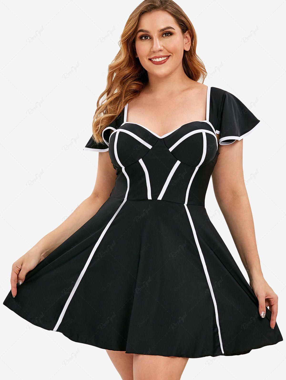 Store Plus Size Contrast Binding Flutter Sleeve Modest Swim Dress Set  