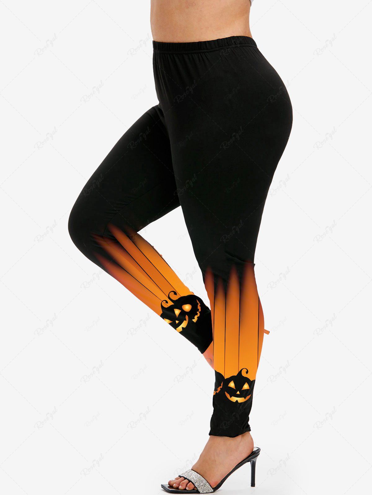 Legging D'Halloween Moulant à Imprimé Citrouille à Coupe Haute Orange 