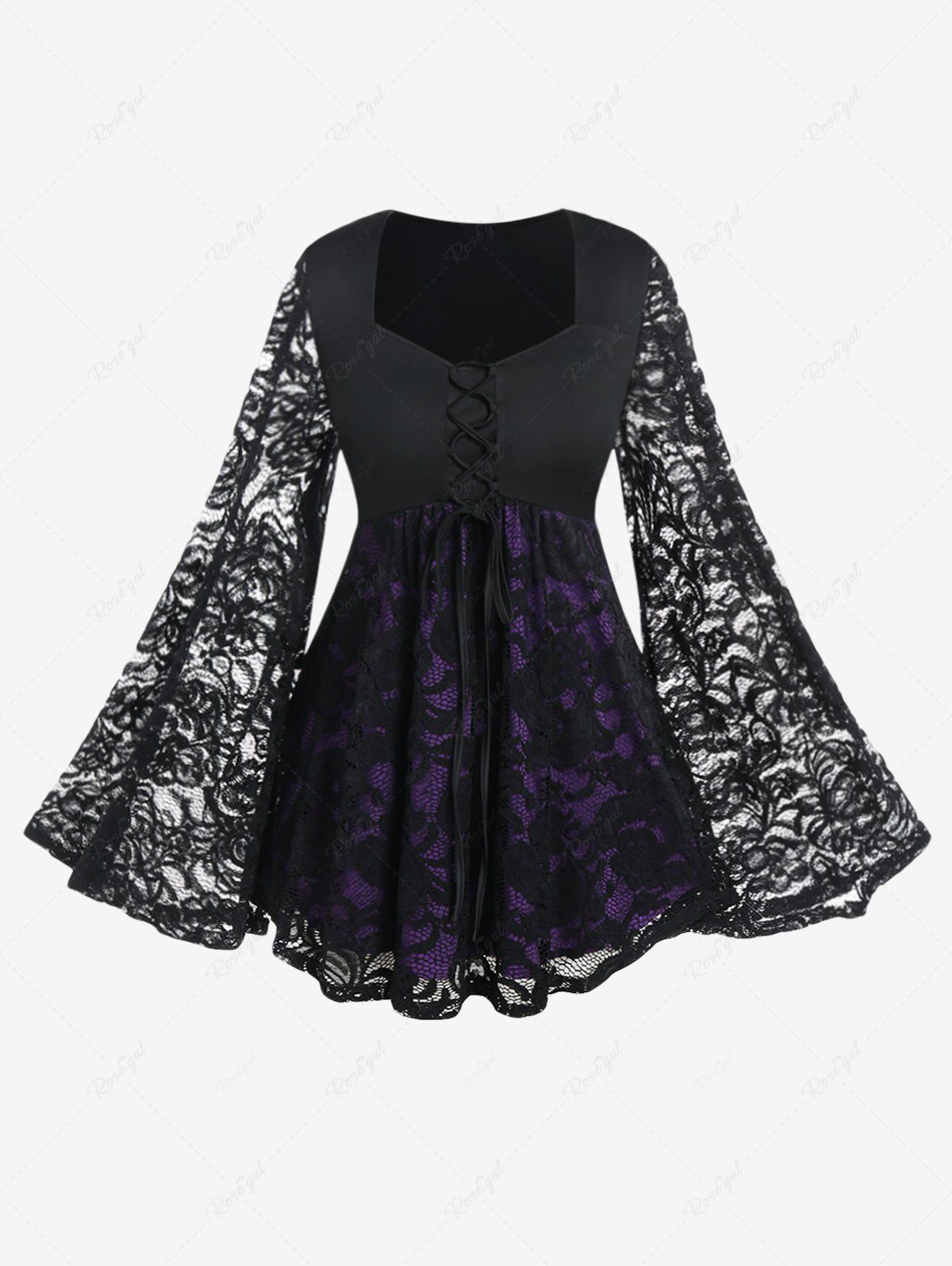 Trendy Witch Halloween Costume Lace Flare Sleeves Lace-up Two Tone T-shirt  