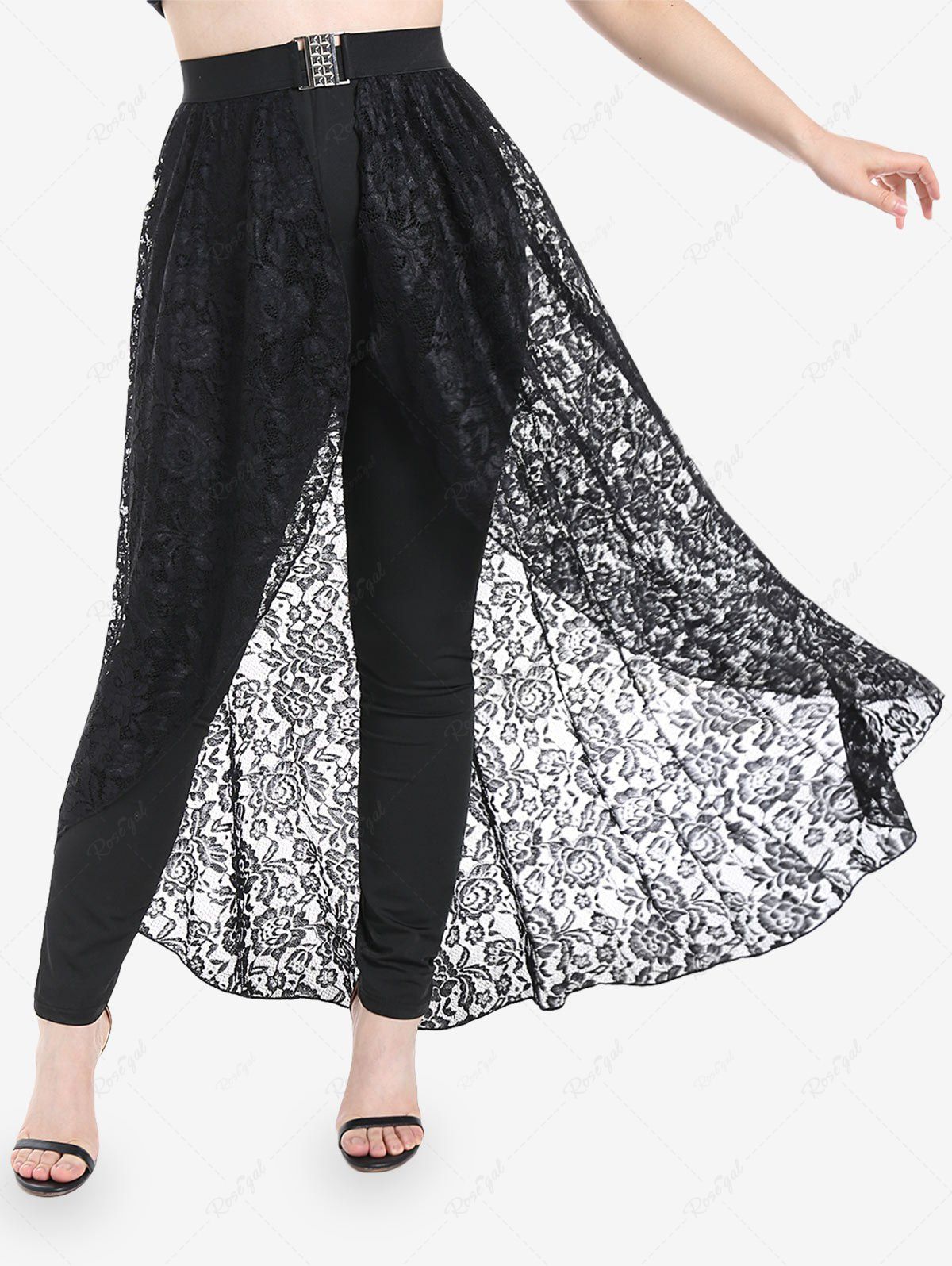 Outfits Plus Size High Rise Solid Pants with High Low Lace Overlay  