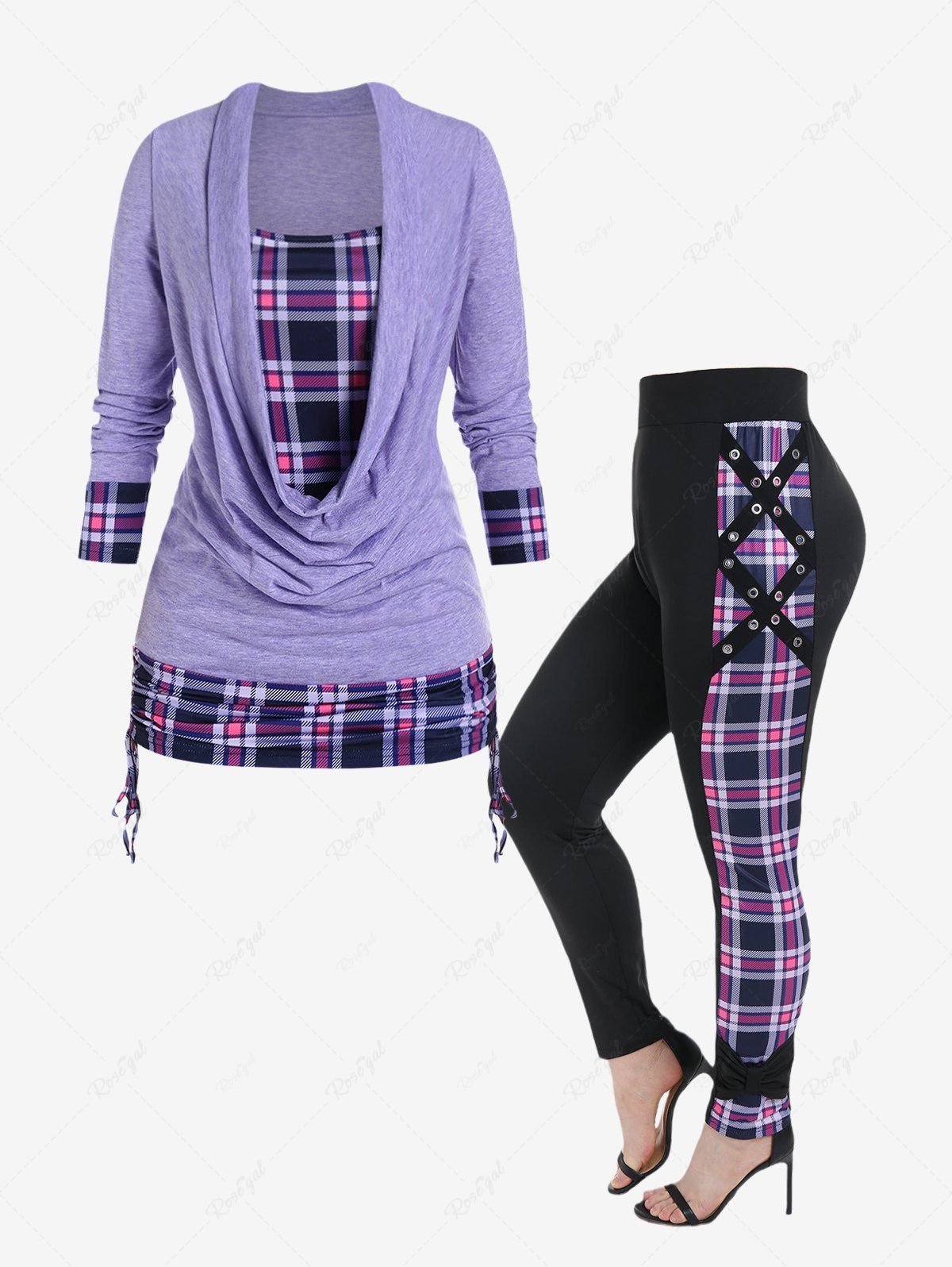 Fashion Plaid Draped Cowl Front Twofer Tee and Grommet Skinny Pants Plus Size Outfit  