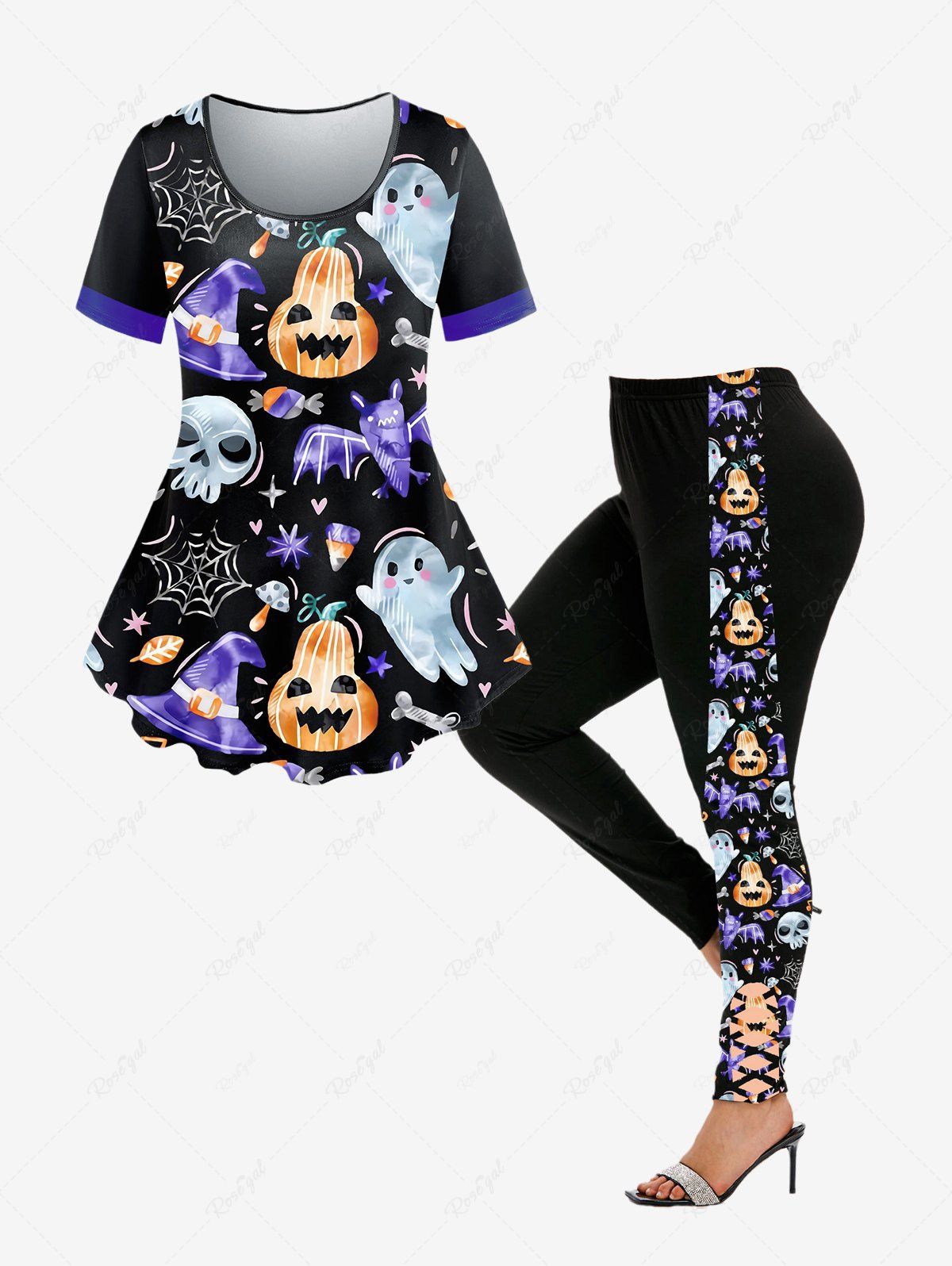 Ensemble de T-shirt D'Halloween Chauve-souris Citrouille Fantôme et Legging à Taille Haute Noir 
