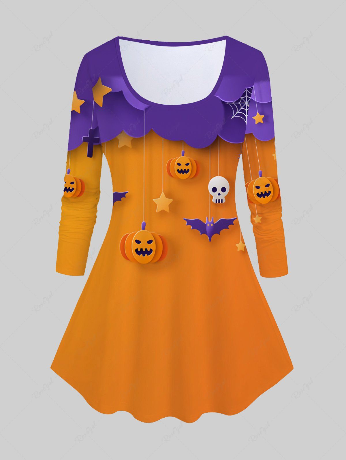 T-shirt D'Halloween à Imprimé Citrouille et Chauve-souris à Manches Longues Orange 