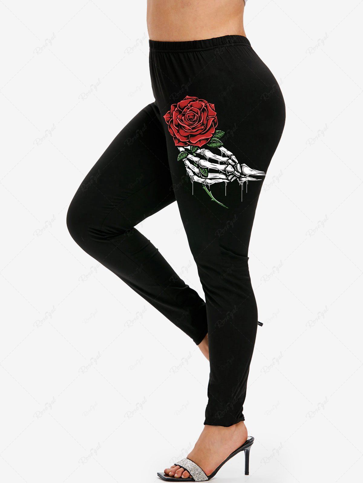 Legging Moulant Gothique à Imprimé Rose et Squelette Noir 