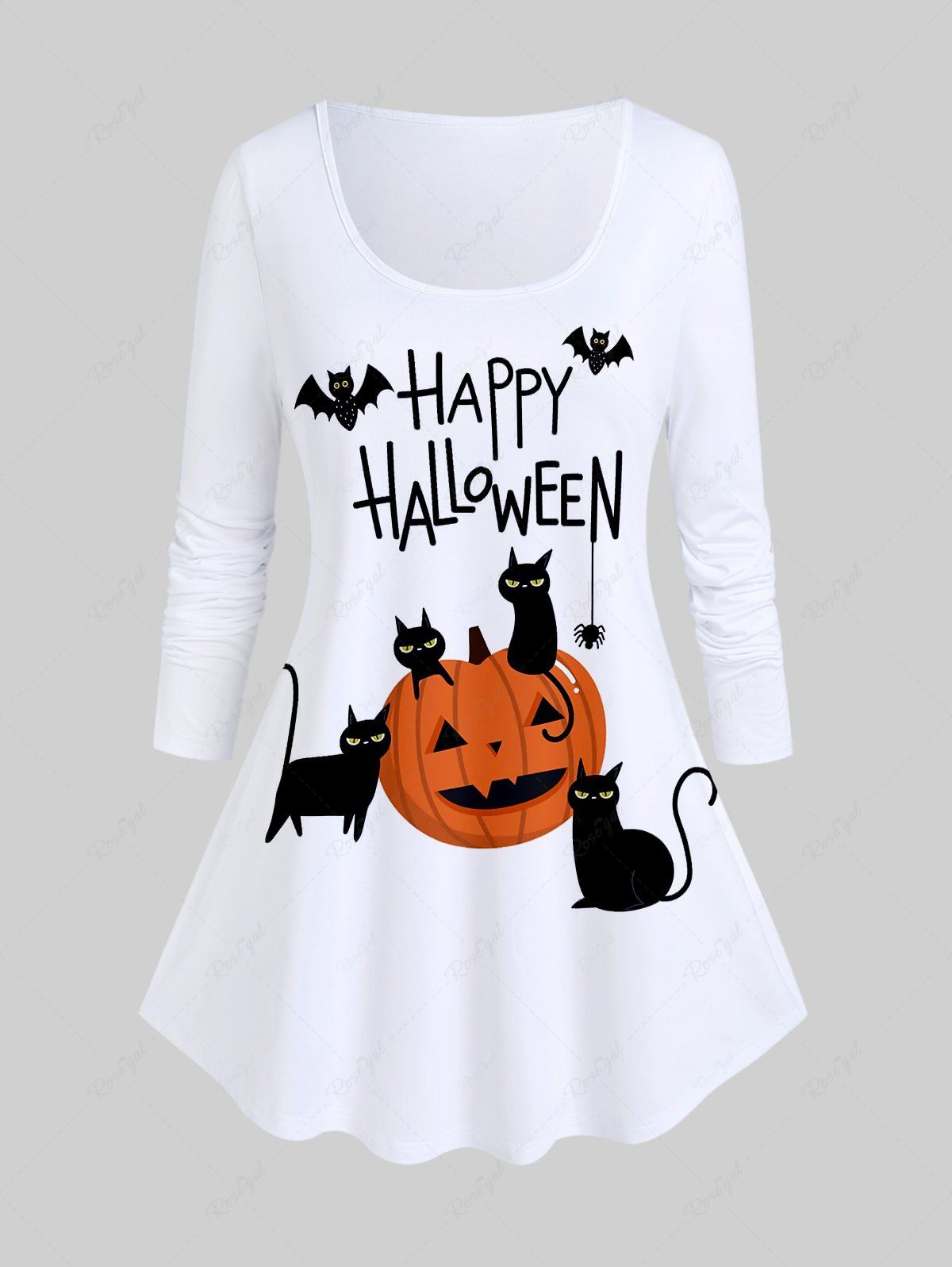 T-shirt D'Halloween à Imprimé Chat Citrouille et Chauve-souris à Manches Longues Blanc 