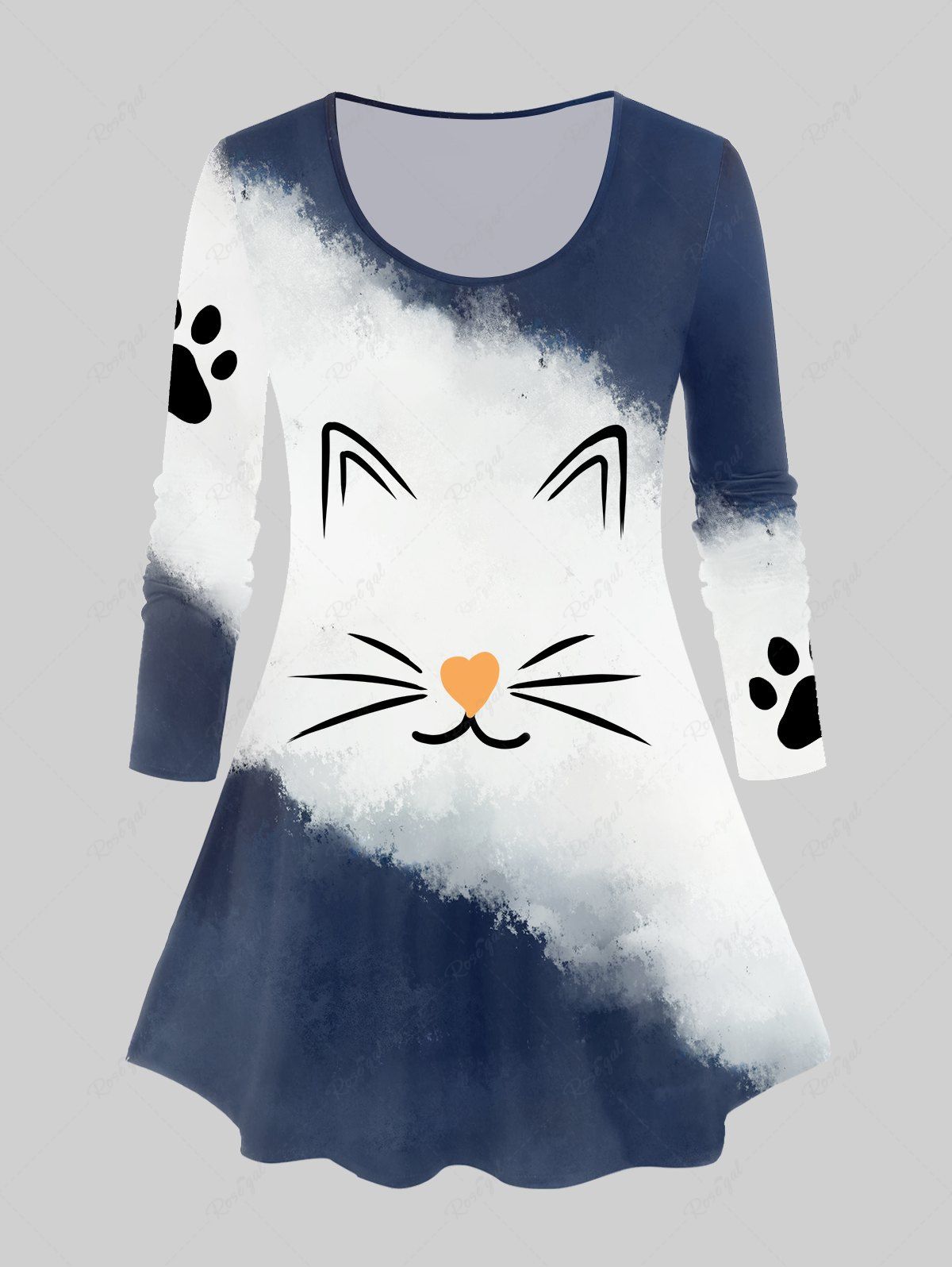 Sale Plus Size Cat Printed Colorblock Long Sleeves T-shirt  