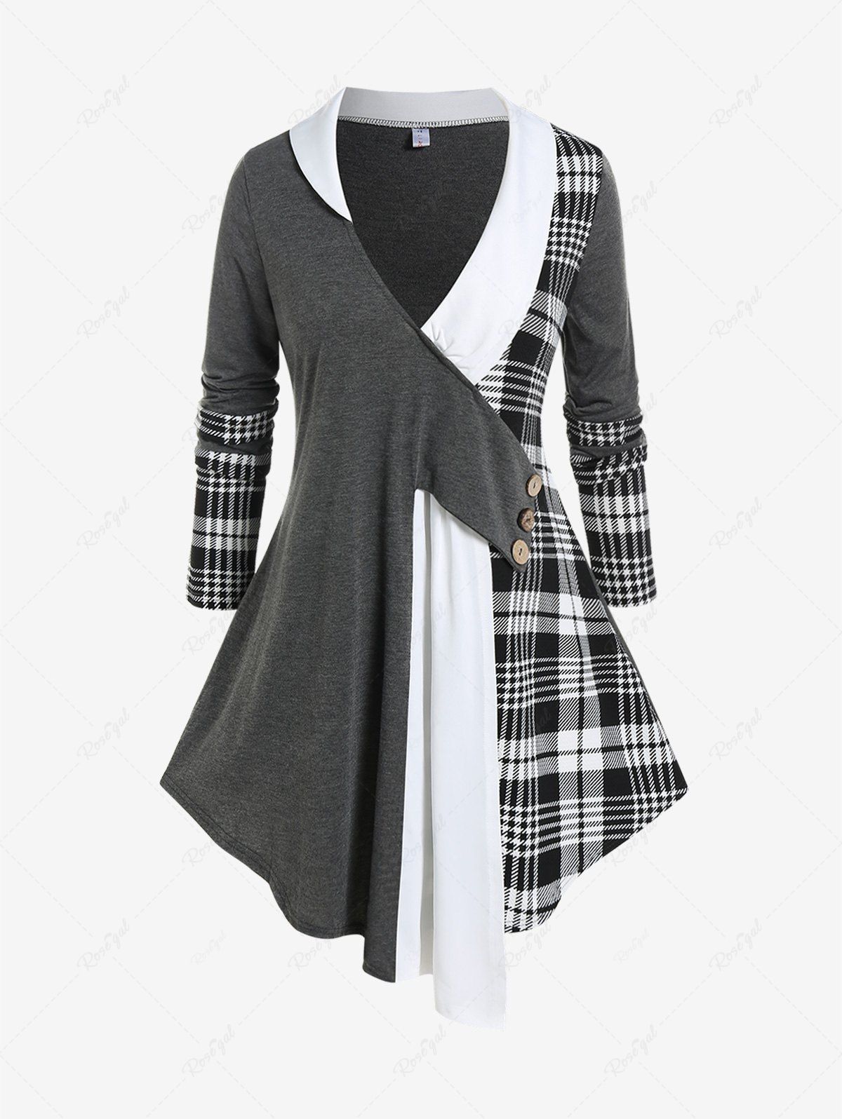 Fancy Plus Size Colorblock Houndstooth Plunging Asymmetric Long Sleeves Tee  