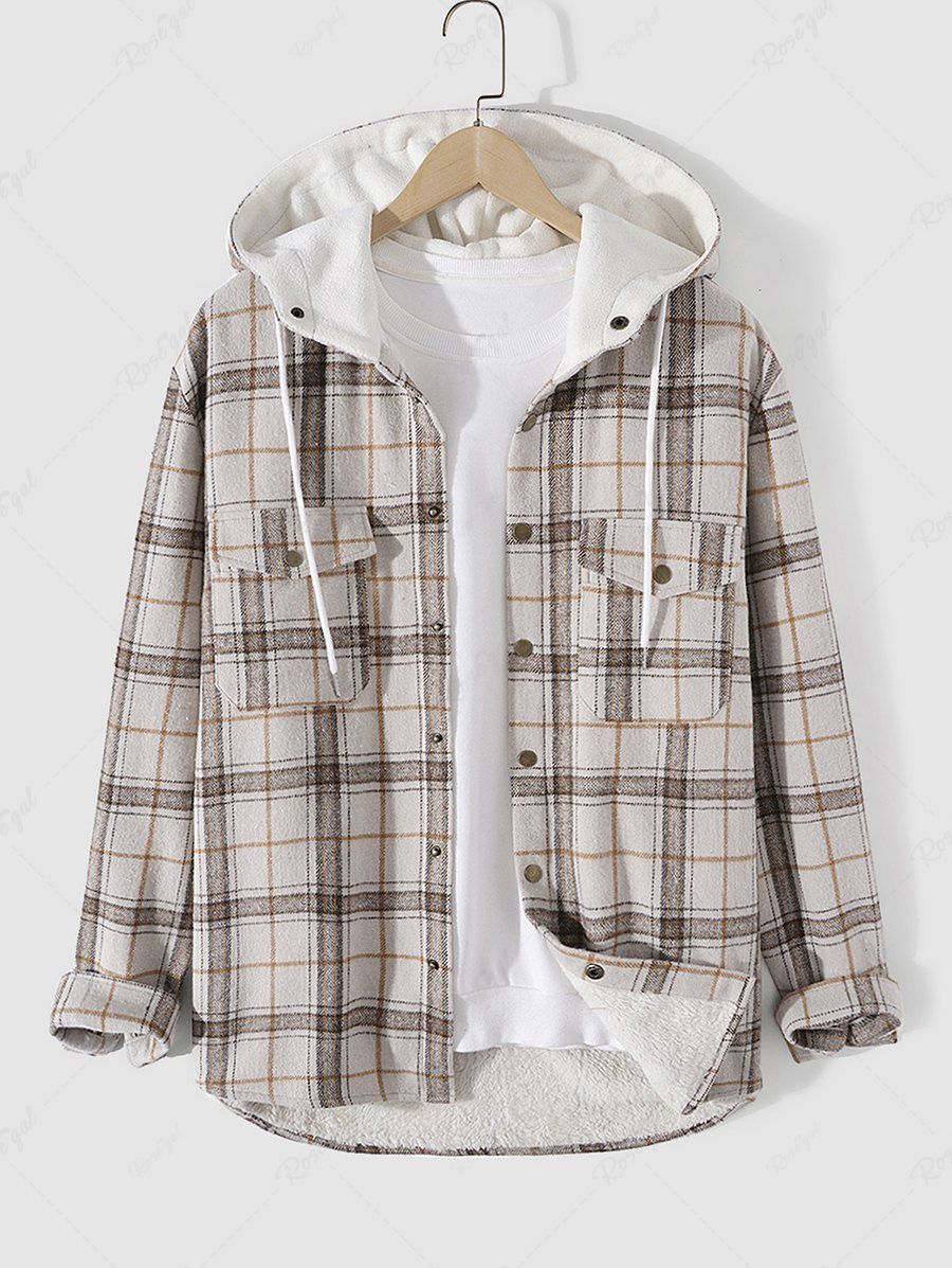 Store Plaid Double Pockets Design Fluffy Fleece-lined Hooded Jacket  