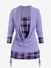 Plaid Draped Cowl Front Twofer Tee and Grommet Skinny Pants Plus Size Outfit -  