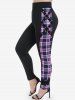 Plaid Draped Cowl Front Twofer Tee and Grommet Skinny Pants Plus Size Outfit -  