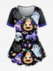 Ensemble de T-shirt D'Halloween Chauve-souris Citrouille Fantôme et Legging à Taille Haute - Noir 