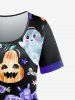 Ensemble de T-shirt D'Halloween Chauve-souris Citrouille Fantôme et Legging à Taille Haute - Noir 