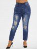 Plus Size Lace Up Roll Tab Sleeves Chambray Tee and Ripped Frayed Jeans Outfit -  