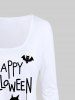 T-shirt D'Halloween à Imprimé Chat Citrouille et Chauve-souris à Manches Longues - Blanc 