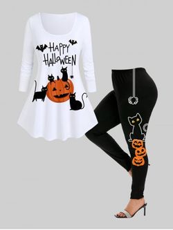 Cat Bats Pumpkin Letters Printed Tee and Halloween Pumpkin Cat Spiders Leggings - WHITE