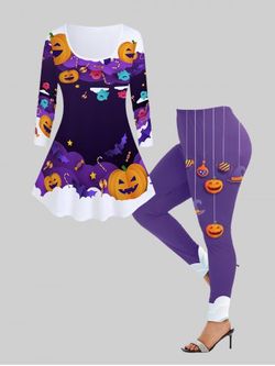 Pumpkin Ghost Print Tee and High Waist Skinny Leggings Halloween Outfit - PURPLE