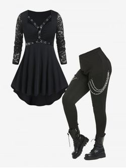 Lace Sleeve Harness Grommets High Low Tee and Chain Pants Gothic Outfit - BLACK
