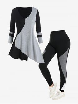 Asymmetrical Colorblock Tee and Skinny Leggings Plus Size Outfit - BLACK