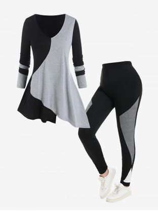 Asymmetrical Colorblock Tee and Skinny Leggings Plus Size Outfit