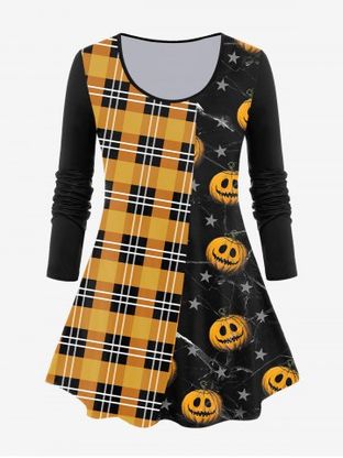 Halloween Long Sleeve Plaid Pumpkin Print T-shirt