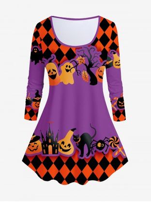 Ghost Pumpkins Cat Tree Checkerboard Printed Halloween Tee