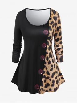 Plus Size Leopard Print Raglan Sleeve T-shirt - BLACK - 2X | US 18-20