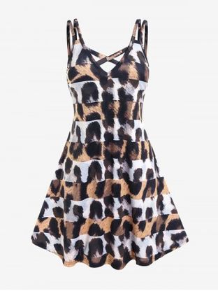 Plus Size Animal Leopard Print Crisscross A Line Sleeveless Dress