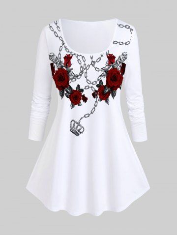 Plus Size Rose Crown Necklace Printed Long Sleeves Tee - WHITE - 2X | US 18-20