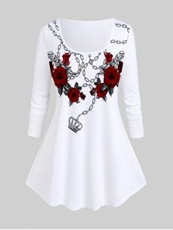 Plus Size Rose Crown Necklace Printed Long Sleeves Tee - WHITE - 3X | US 22-24