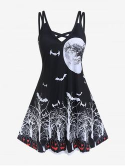 Halloween Pumpkin Tree Bat Print A Line Dress - BLACK - 3X | US 22-24
