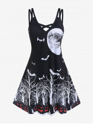 Halloween Pumpkin Tree Bat Print A Line Dress