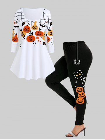 Halloween Pumpkin Bat Print T-shirt and Pumpkin Cat Spiders Print Leggings Plus Size Outfit - WHITE