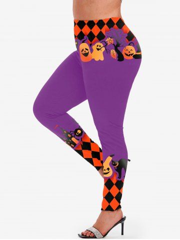 Halloween Ghost Pumpkins Cat Tree Checkerboard Printed Skinny Leggings - PURPLE - 4X | US 26-28